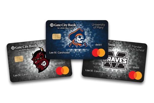Collage of Gate City Bank local school debit cards, featuring the U of Mary, Bismarck High School and Mandan High School.