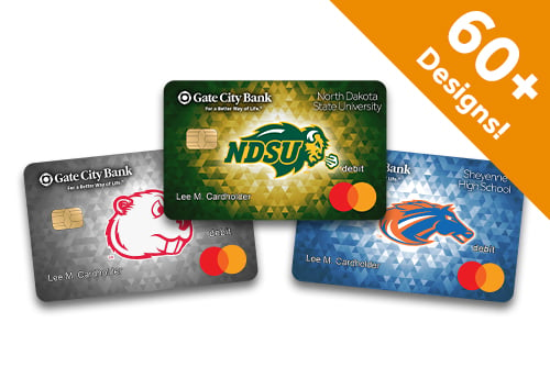 Sample collage of 60+ school debit card designs available free from Gate City Bank 