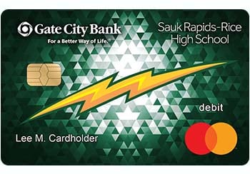 Example of Sauk Rapids-Rice High School debit card from Gate City Bank