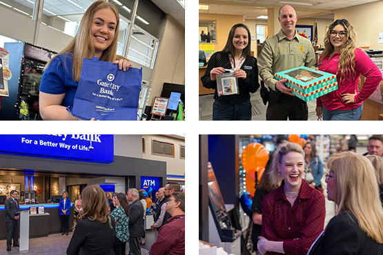 A collage of team members and community members celebrating during Gate City Bank’s Williston Cash Wise Foods grand opening