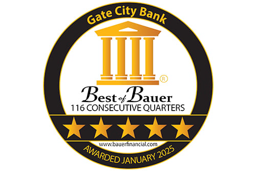 gold Best of Bauer seal showing Gate City Bank has received a five-star rating since 1996