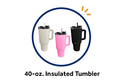 40-oz. insulated tumbler with handle in your choice of three colors: ivory, pink or black