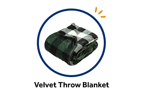 reversible velvet throw blanket in green, black and white buffalo plaid, available as a free checking gift