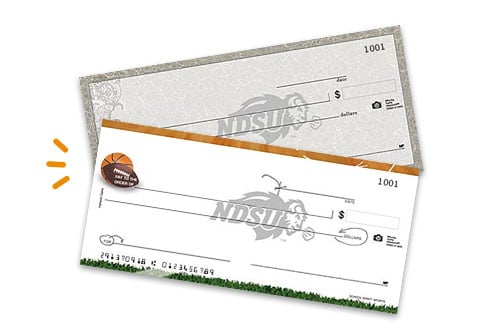 a visual representation of Gate City Bank’s NDSU Bison-themed paper checks that come in academic and athletic options